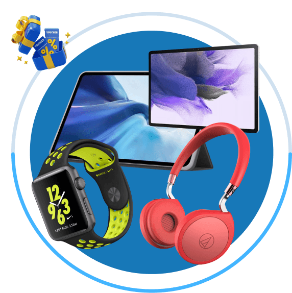 CouponOffer product collage with tablets, headphones, and smartwatch