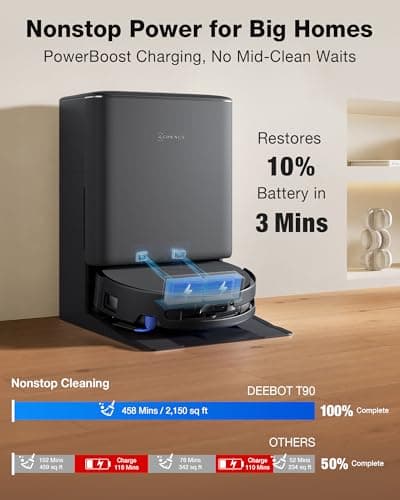 ECOVACS DEEBOT T90 PRO OMNI Robot Vacuum and Mop - 30,000Pa BLAST Suction | OZMO Roller 3.0 Instant Self-Cleaning Mop | TruEdge 3.0 Deep Edge Cleaning | ZeroTangle 4.0 | PowerBoost Charging | Hot Water Wash | AI Obstacle Avoidance | Self-Emptying Robot — image 5