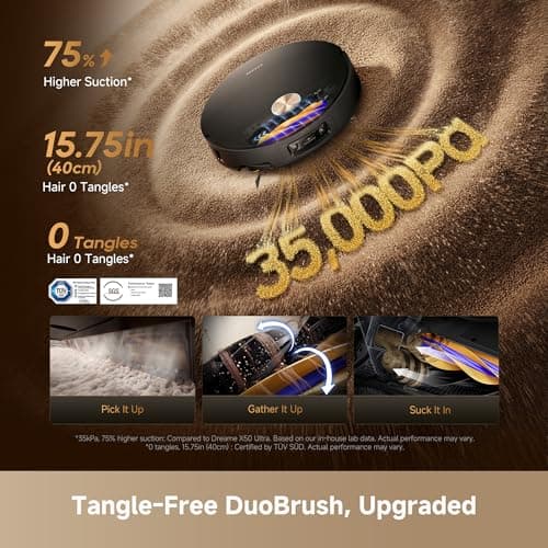 DREAME X60 Max Ultra - 3.13in Ultra-Thin Design | 35,000Pa Vormax Suction | 212°F Hot Water Mop | 280+ Object Avoidance | DuoBrush 2.0 Tangle-Free | 11-in-1 PowerDock | Self-Emptying Robot Vacuum for Pet Hair & Deep Floor Cleaning — image 6