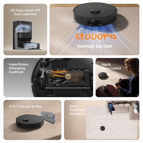 DREAME D20 Plus Robot Vacuum and Mop - 13,000Pa Vormax Suction | 100% Detangling  HyperStream DuoBrush | Self-Emptying 5L Dust Bag 150-Day Hands-Free | 285-Min Battery 5200mAh | Alexa Siri Google Control | 2-in-1 Vacuum & Mop — image 10