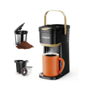 Tastyle Single Serve One Cup Coffee Maker, for K Cups and Grounds, Mini Coffee Maker with Portable Handle, 6 to 12 Oz Brew Size, for Travel, Camping, Office, RV and Dorm, 120V, Black and Gold