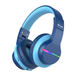 iClever BTH12 Kids Bluetooth Headphones,Colorful LED Lights Kids Headphones Wireless,74/85dBA Safe Volume,85H Playtime,Fast Charging,Bluetooth 5.2,Over Ear,Built-in Mic for iPad/Tablet/Airplane,Blue