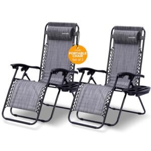 SereneLife Zero Gravity Chairs Set of 2 - Adjustable Outdoor Lounge Chairs with Side Tray, Cup Holders, Removable Pillows, Folding Portable Camping Chairs for Patio, Backyard, Beach - Charcoal
