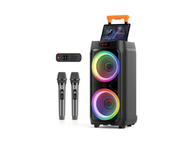 JYX Karaoke Machine with 2 Wireless Microphones for Adults, 8″ Big Bluetooth Party Speaker with 500W Peak Power, PA System with LED Disco Light, Rolling Wheels and Trolley, Perfect for Outdoor Home