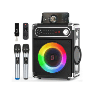 JYX Karaoke Machine with Two Wireless Microphones, Portable Bluetooth Speaker with Bass/Treble Adjustment, PA System with Remote Control, LED Lights,Supports TF Card/USB, AUX IN, FM, REC,TWS for Party