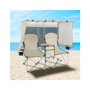 PLKO Portable Double Camping Chair with Canopy Shade,Heavy Duty Beach Chairs for Adults,Folding Beach Chair with Cooler Bag for Sports Backyard Fishing Outside（White）