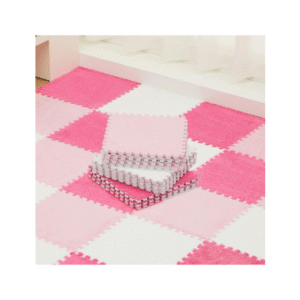 Amylove 72pcs Foam Floor Mat 12x12x0.4in Interlocking EVA Foam Mats with Border Soft Plush Fluffy Floor Tiles Interlocking Rug Climbing Area Carpet Squares for Home Playroom (White, Pink, Rose Red)