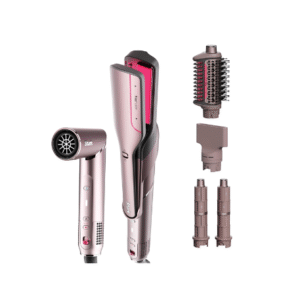 Shark FlexFusion Hair Straightener & Powerful Hair Dryer with Fusion Hair Brush, Ceramic Air Styler with Auto-Wrap Hair Curlers & Concentrator, Ceramic Plates, Cosmic Blush HD641S